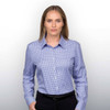 A women's button-up shirt in a blue and white check pattern, featuring a collar and long sleeves.
