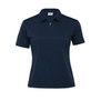 A navy blue women's polo shirt with a zip collar and short sleeves, featuring a branding logo.