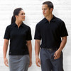 A black women's polo shirt featured alongside a matching men's polo shirt. Both have a zip collar and athletic fit.