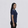 A navy polo shirt for women featuring a classic design and contrasting white detailing. It has a logo on the chest.