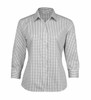 A women's button-up check shirt featuring a black and white gingham pattern and three-quarter sleeves.
