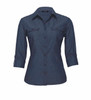 A navy blue women's button-up shirt with two front pockets and rolled sleeves. Features a logo on the collar.
