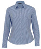 A blue and white checked button-up shirt with a collared neckline and long sleeves, featuring a logo.