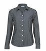 A women's button-up shirt in dark grey chambray fabric, featuring a collared neckline and long sleeves.
