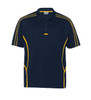 A navy polo shirt featuring yellow stripe accents and a logo. Suitable for casual or sporting occasions.