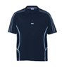 A navy polo shirt featuring contrasting light blue stripes and a logo on the side.