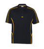 A black polo shirt featuring yellow stripes and trim, with a collar and a logo.