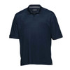 A navy blue polo shirt with short sleeves and a collar, featuring a logo on the fabric.