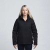 A black soft shell jacket with a hood, featuring multiple zippered pockets, worn by a model.