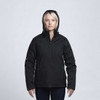 A black soft shell jacket with a hood, featuring zippers and pockets, modelled by a woman.