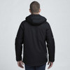 A black soft shell jacket with a hood, featuring a logo, viewed from the back.