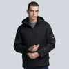 A black soft shell jacket featuring a hood and zippers, with reflective accents and a logo on the sleeve.