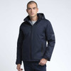 A man wearing a navy soft shell jacket with a hood, featuring zippered pockets and a logo on the sleeve.