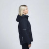 A soft shell jacket in black, featuring a hood and a sleek silhouette, displayed from the side.