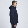 A navy soft shell jacket with a hood, featuring a logo and reflective details, displayed in a side profile.