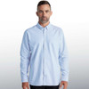 A light blue men's button-up shirt with a single chest pocket and long sleeves. It features a logo.
