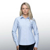 A light blue button-up shirt for women, featuring a collar and long sleeves, displayed on a model.