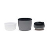 A drink bottle set featuring a white container, a grey container, and a black cap. The set has a minimalist design.