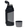 A drink bottle in grey with a black lid and handle, accompanied by a matching cup. It features a logo on the bottle.