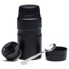 A black food jar with a lid and a small spoon, featuring a sleek design and a built-in separator.