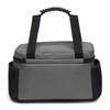 A grey and black cooler bag with a sturdy handle and zip closure, featuring a logo on the front.