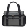 A grey and black cooler bag with a zippered top and sturdy handles, featuring an external pocket and a logo.
