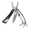 A multi-tool with pliers, a knife blade, and various small tools, featuring a black and silver design and a logo.