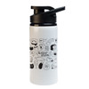 A drink bottle featuring a white body with black illustrations and a black free flow lid.