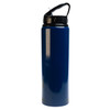 A drink bottle in a deep blue color features a flip straw lid and a black handle. It has a branding logo.