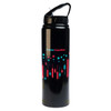 A drink bottle with a black finish, featuring a flip straw lid and colorful abstract design. It has a logo.