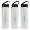 A drink bottle featuring a white body and a black flip straw lid, with names printed in blue on the side.