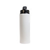 A drink bottle in white with a black flip straw lid and a small logo on the lid.