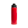A drink bottle with a sleek red design and a black free flow lid, featuring a capacity of 750ml.