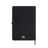 A black A5 notebook made from RPET material, featuring an elastic band closure and a ribbon bookmark.