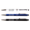 Three metal pens in white, blue, and black, each featuring a logo and a shiny finish.