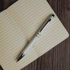 A metal pen in silver and black rests on a lined notebook page. The pen features a sleek design and a branding logo.