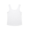 A white singlet with a scoop neckline, featuring a brand logo. The fabric appears soft and lightweight.