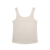 A cream singlet top with a round neckline and wide straps, featuring a subtle branding logo.