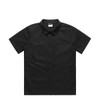 A black short-sleeved button-up shirt featuring a collar and a logo.