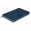A medium navy notebook with a textured cover and a ribbon bookmark, featuring a logo on the front.