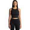 A black crop tank top with a fitted design, styled with a model wearing matching high-waisted leggings.