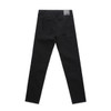 Black jeans with a slim fit, featuring five pockets and a back patch. The design includes a logo on the waistband.