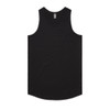 A black singlet with a rounded hem, featuring a label and no visible designs or patterns.