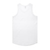 A white singlet with a rounded hemline, featuring a logo on the back.