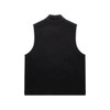 A black heavy vest made from canvas material featuring a high collar and no sleeves. It has a logo on the back.