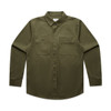 An olive green work shirt with a button-up front and two chest pockets, featuring a logo on the chest.