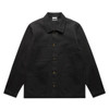 A black Canvas Chore Jacket featuring a button-up front, pockets, and a collar. It has a simple logo on the label.