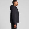 A black canvas bomber hood jacket with a side view, featuring a hood and front pockets.