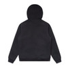 A black bomber hood jacket with a plain back and a hood. It includes a logo.