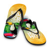 Flip flops featuring a vibrant tropical design with a toucan, predominantly in yellow and black.